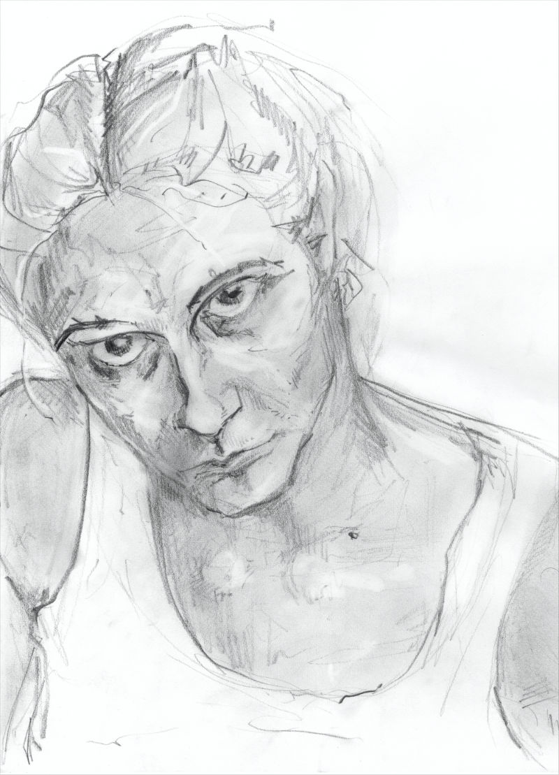 pencil on paper self-portrait, young white female artist