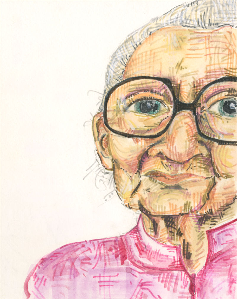 portrait of an old white woman with large glasses