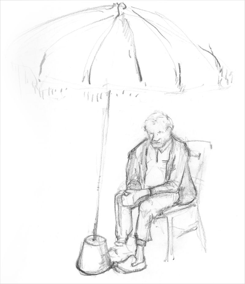 dessin d’un grand-père assis sous un parasol