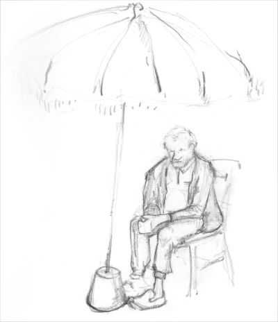 pencil on paper drawing of an old man sitting under a parasol