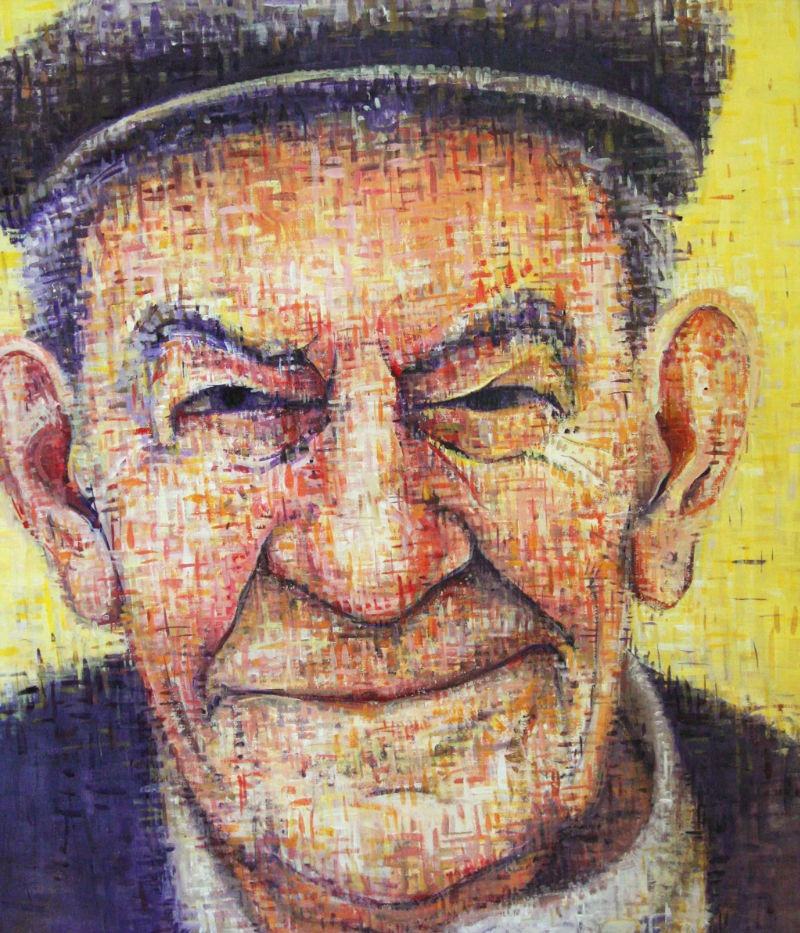painted portrait of a grandfather wearing a cap