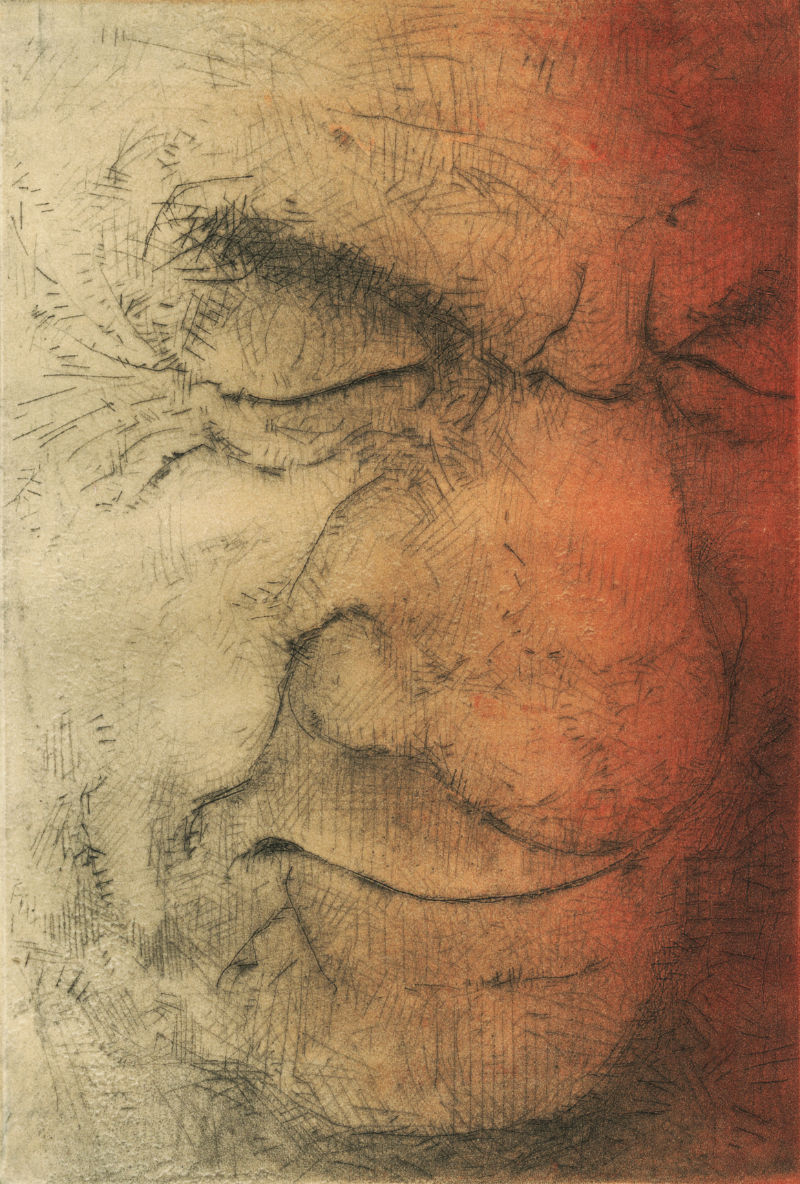 portrait of an old man printed in warm colors