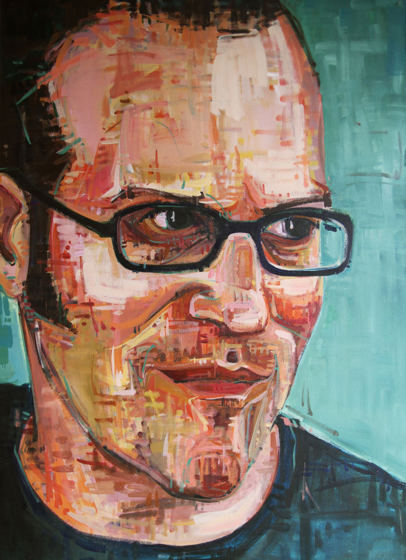 painted portrait of a young white man with glasses