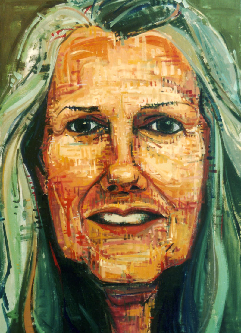 painted portrait of a white woman with long grey hair 
