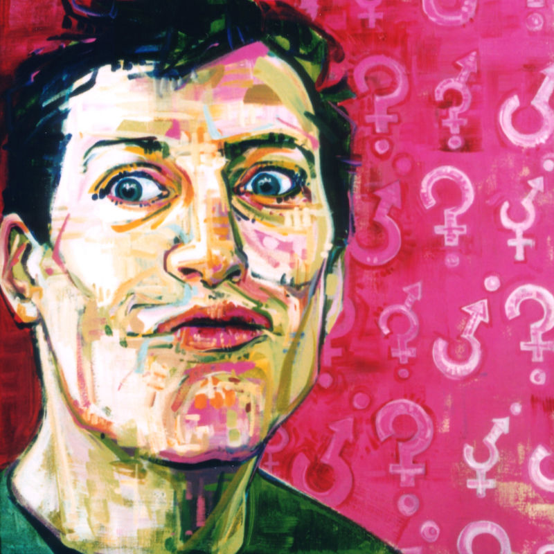 painted portrait of a man with gender symbols and question marks in the background