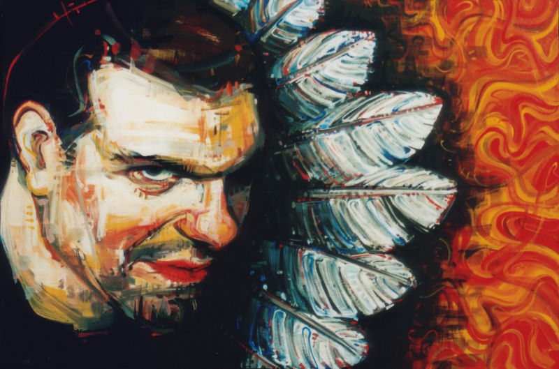 painted portrait of a man with feathers and fire in the background