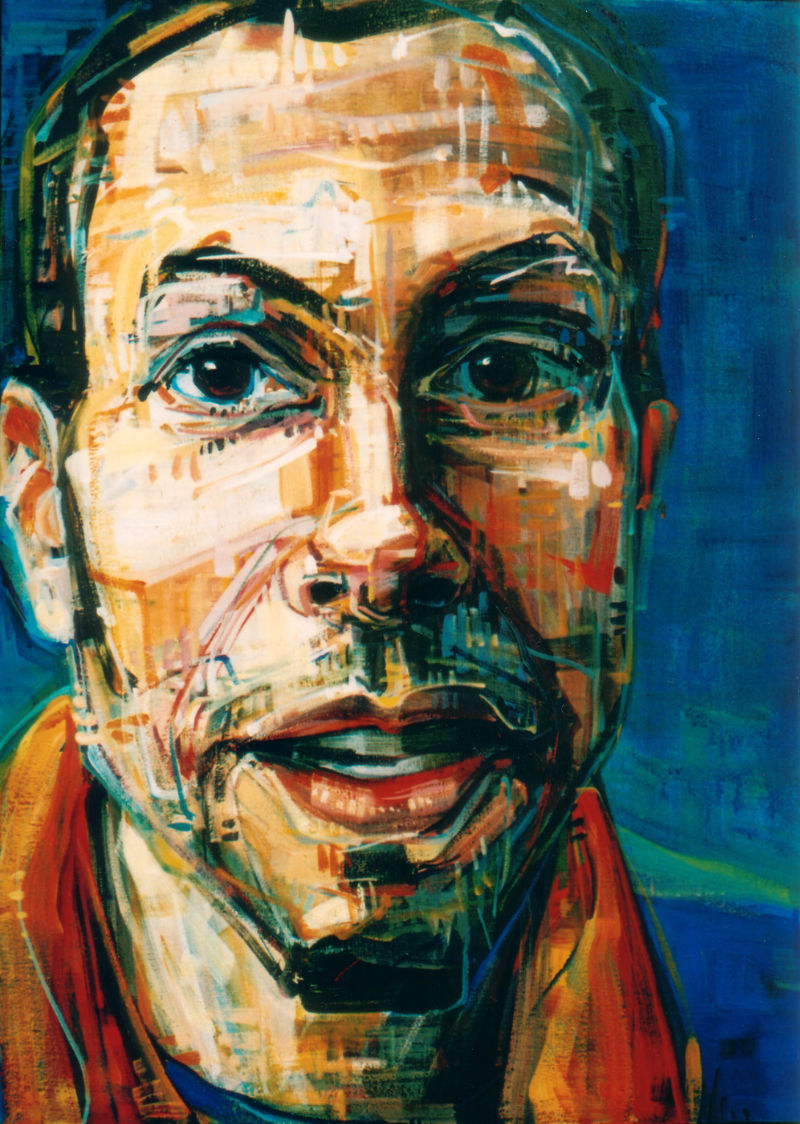 painted portrait of a young white man wearing an orange scarf