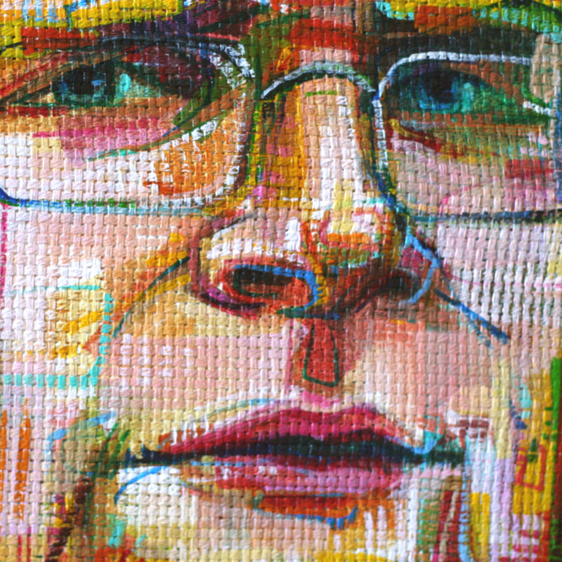 painted portrait of a blond man on a very textured cloth