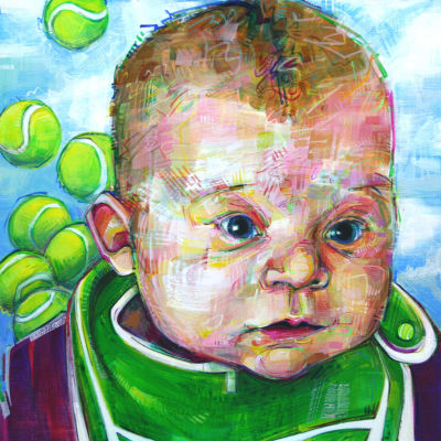 baby portrait with tennis balls, painting by Gwenn Seemel