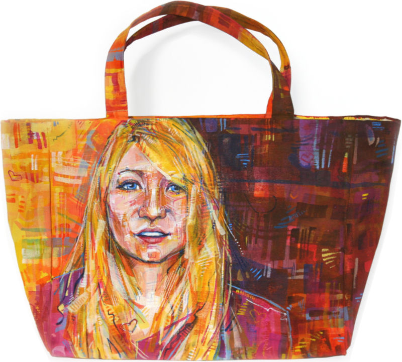 painted portrait of blond woman on a canvas bag