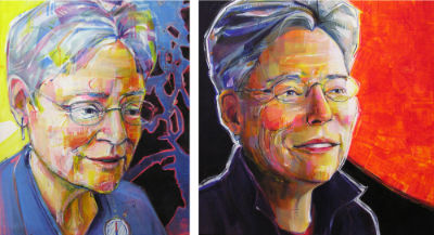 two portrait paintings of the same woman