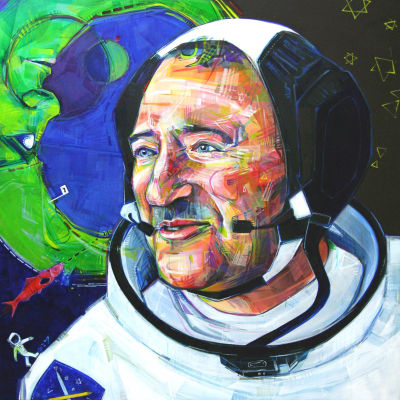 Russian-American man painted as an astronaut, figurative for sale