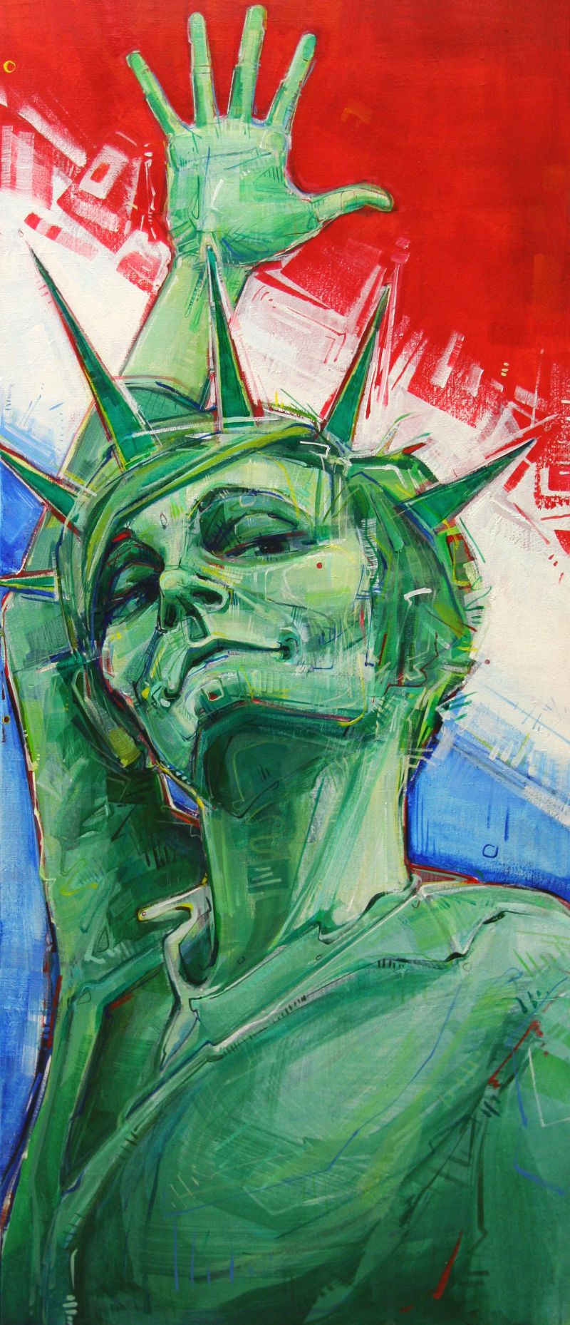 a French-American woman as the Statue of Liberty