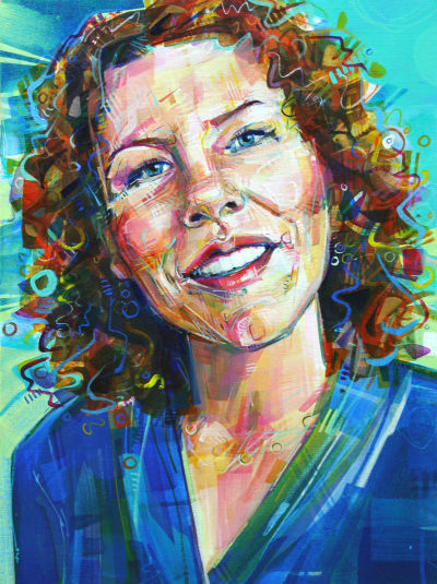 woman with curly red hair, painted in acrylic
