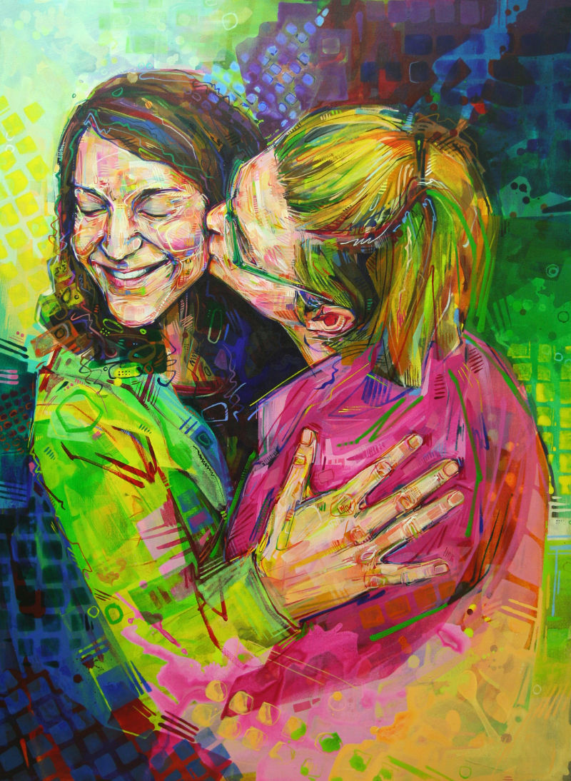 painted portrait of two women kissing