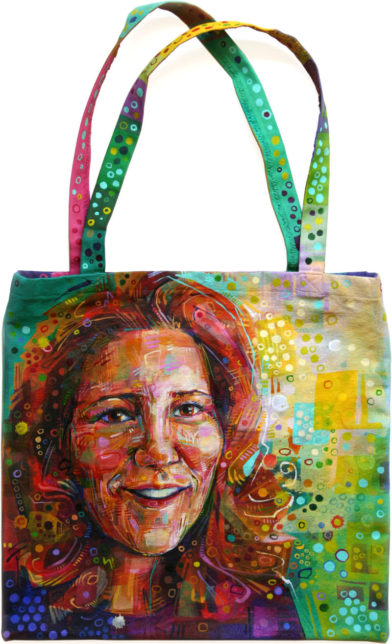 portrait d’une femme peint sur un sac en toile