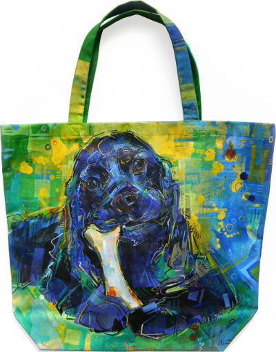 black cocker spaniel painted directly on a canvas tote