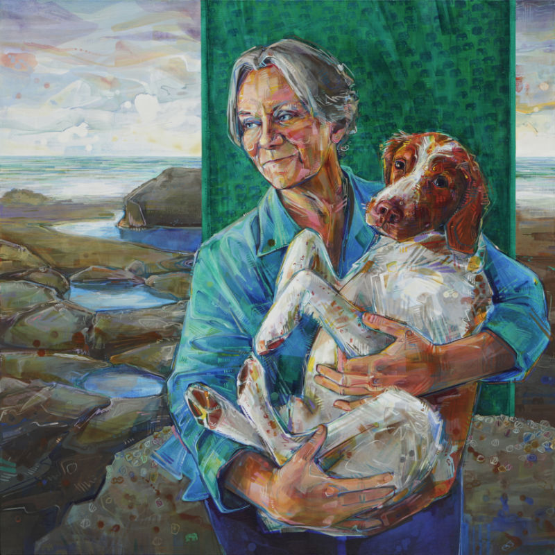 a woman with a Brittany Spaniel on her lap, painted by humanist artist Gwenn Seemel