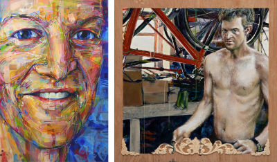 portrait of a man painted very close up and portrait of him in his garage
