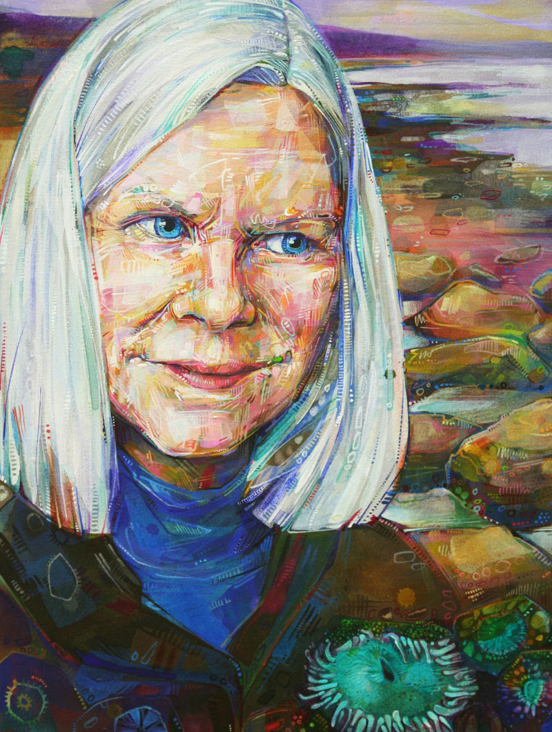 painted portrait of woman with long white hair