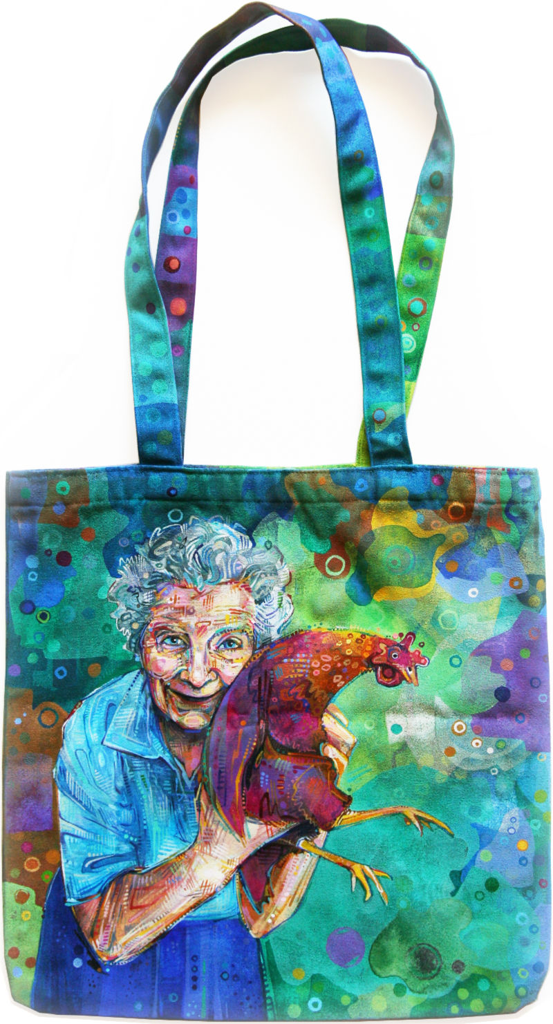une mamie avec sa poule, peint sur un sac à main en toile
