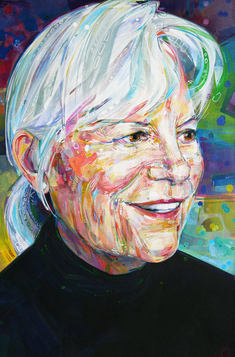 painted portrait of white woman with white hair
