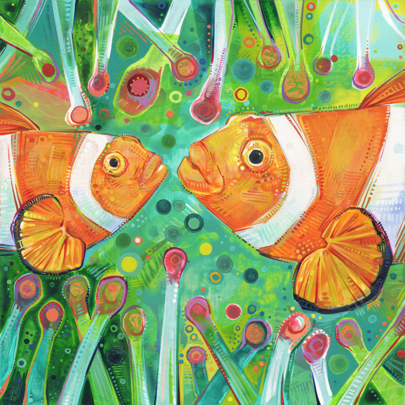 painting of two clownfishes in an anemone
