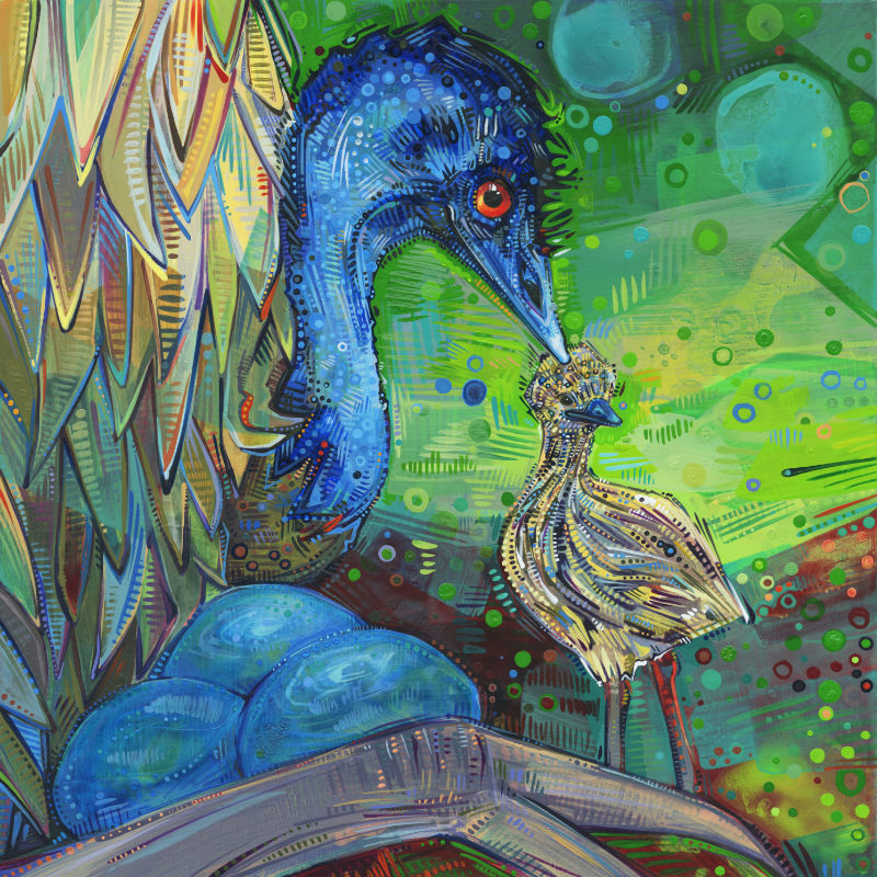 painting of an emu dad with a baby