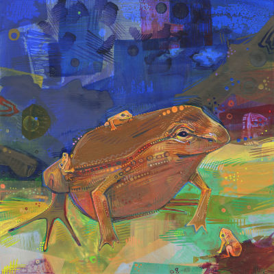 hip-pocket frog dad with babies, painted in acyrlic