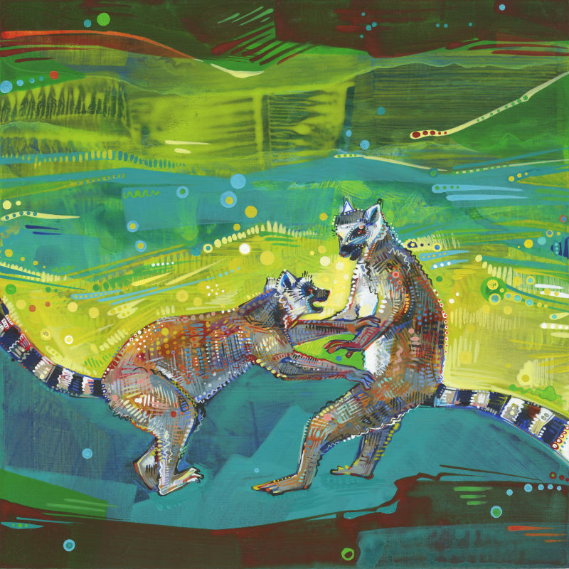 painting of two female lemurs facing off