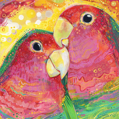 two lovebirds cuddling, painted parrots art for sale
