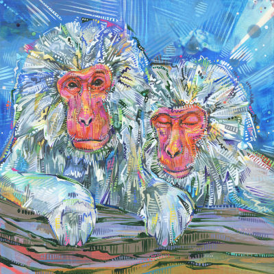 pair of Japanese macaques resting together, painting for sale