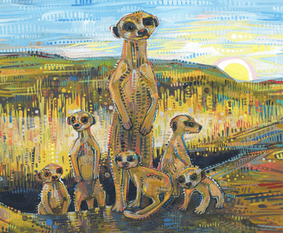 famille de suricates peinte à l’acrylique et puis transormées en GIF artistique par l’artiste animalier Gwenn Seemel