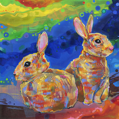 two rabbits painted in acrylic
