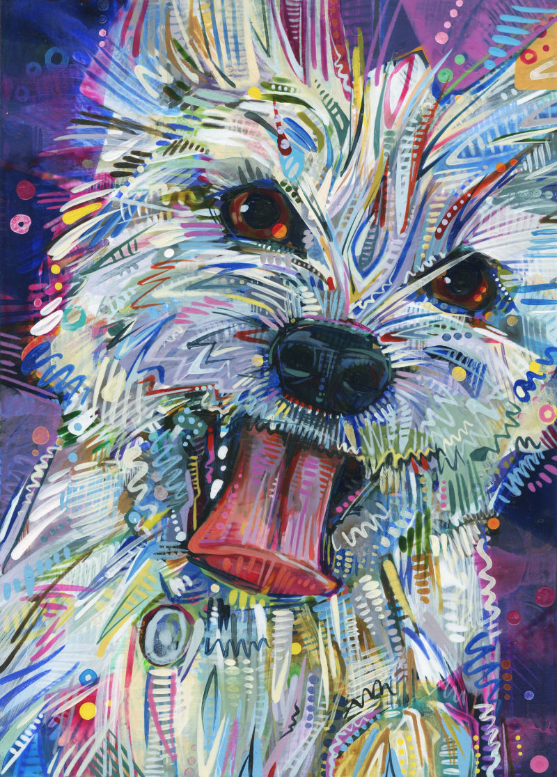 painted portrait of Westie mix dog