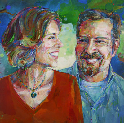 portrait d’un jeune couple peint à l’acrylique