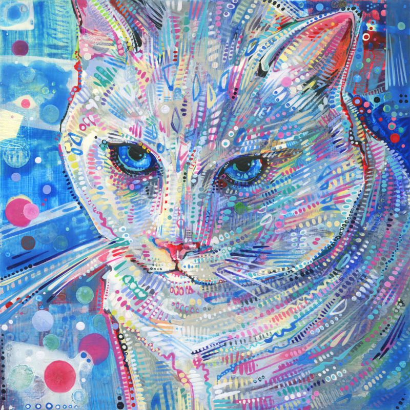 painted pet portrait of a white cat with a pink nose
