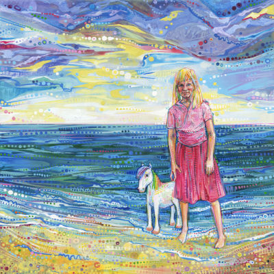 little blond girl with her tiny rainbow horse on the beach, artwork by Gwenn Seemel