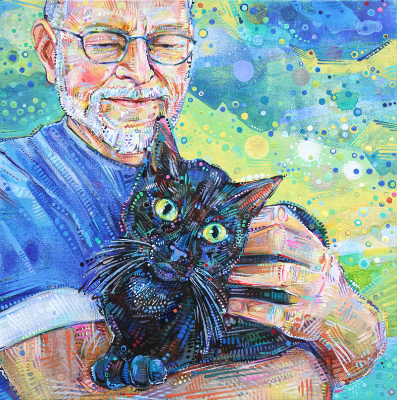 un homme et son chat peint en acrylique