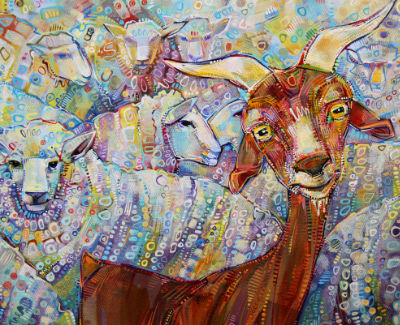 une chèvre et des moutons peints ensemble