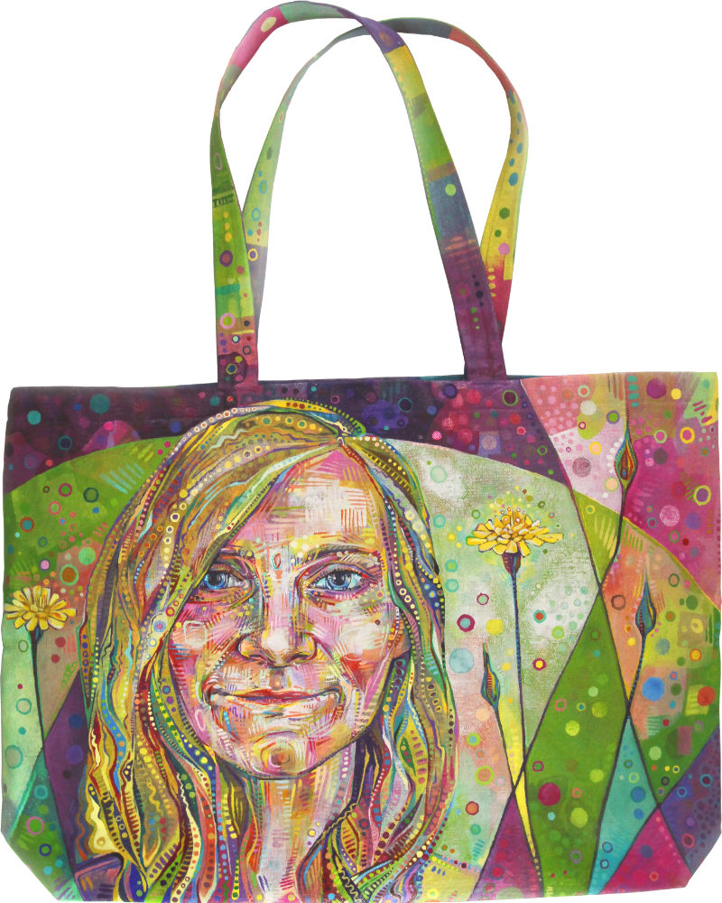 Gwenn Seemel self-portrait on a canvas tote with dandelion in the background