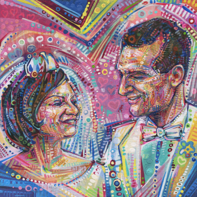 painted portrait of a young couple from the 1960s getting married