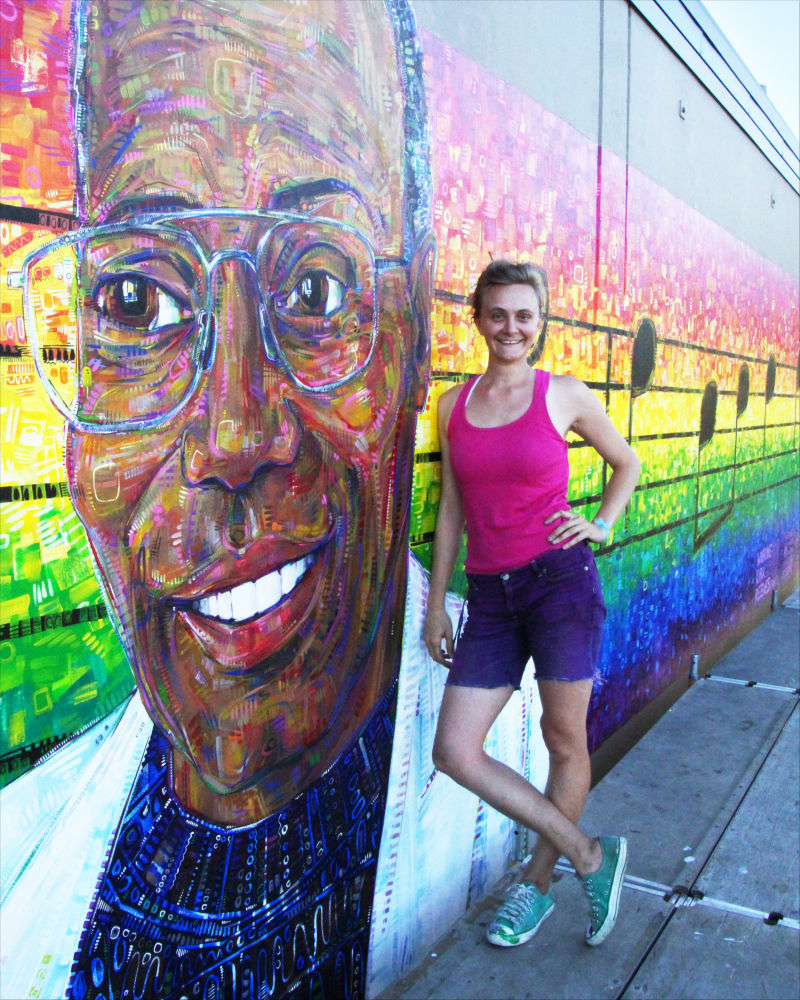 Gwenn Seemel with Kirk Reeves mural, Portland, Oregon