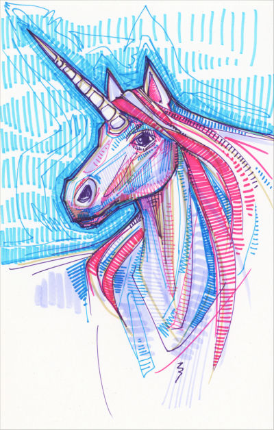 unicorn drawing in pink and blue