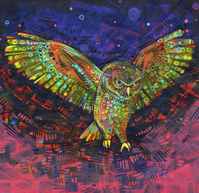 flying owl painting by bird artist Gwenn Seemel