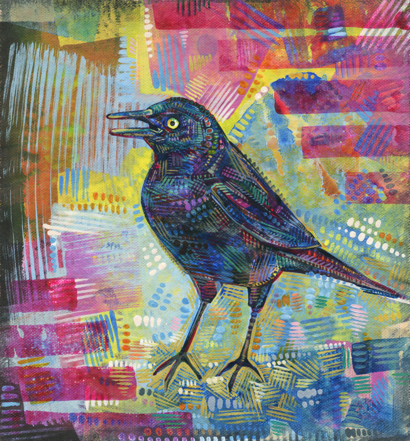 acrylic painting of a blackbird