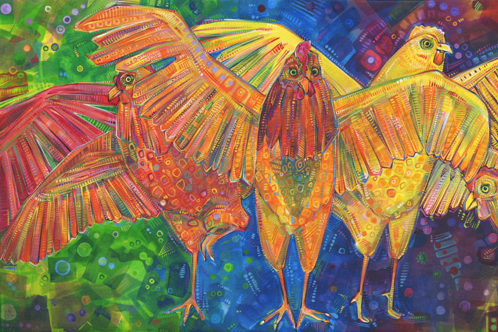 des poules peintes en acrylique par l’artiste humaniste Gwenn Seemel