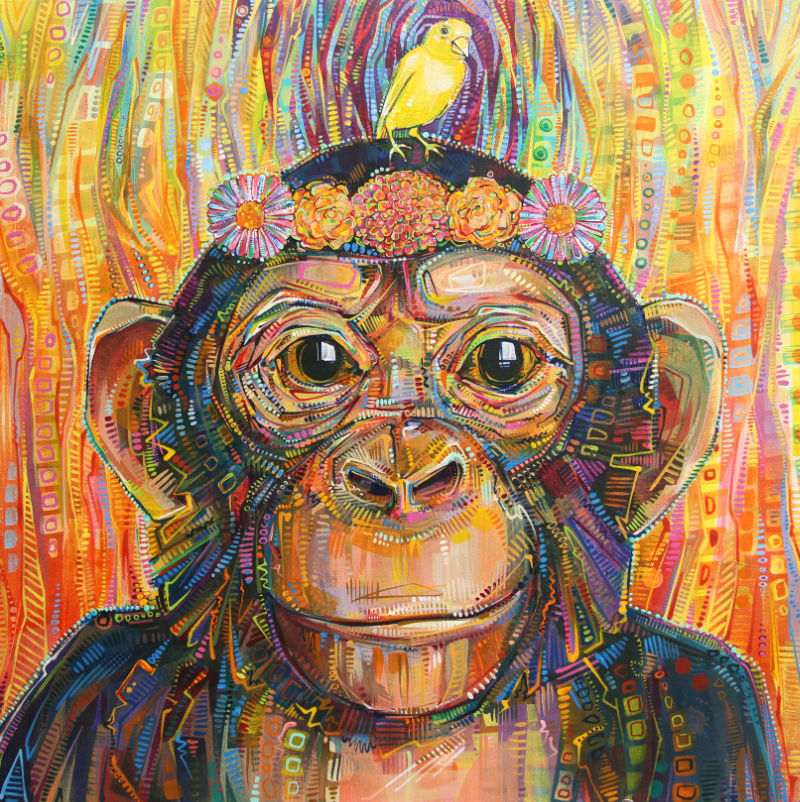 chimpanzé et canari, illustration par Gwenn Seemel