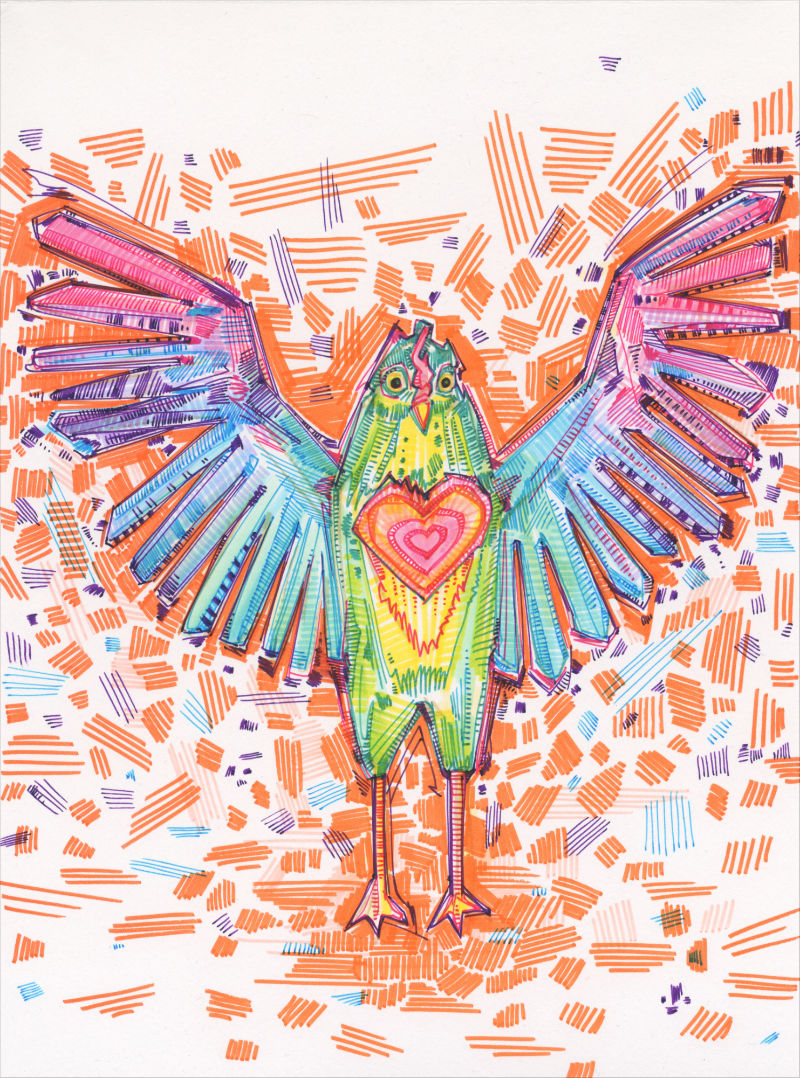 a colorful crosshatched drawing of chicken with her wings spread