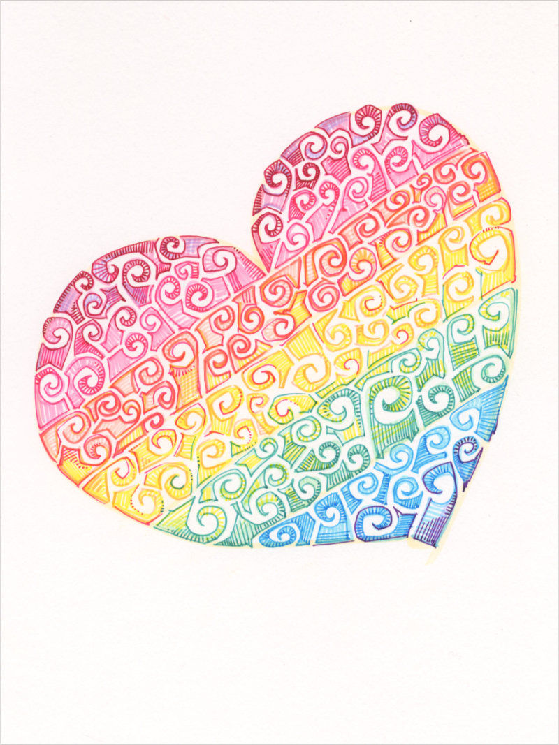 swirly rainbow heart drawing